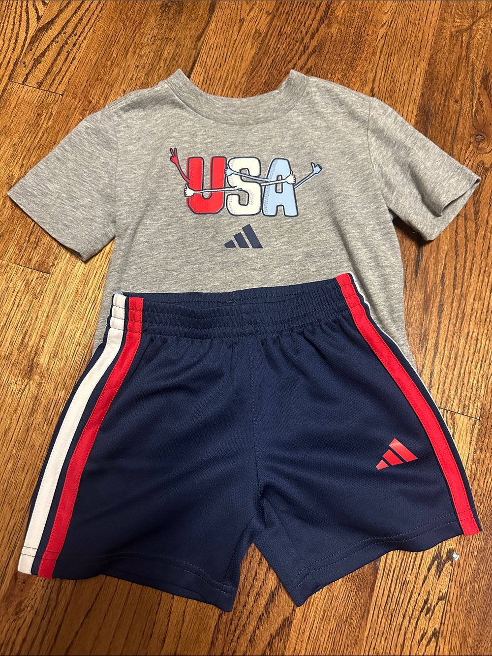 adidas Kids USA Gray Tee and Navy Shorts Matching Set with Red and White Accents